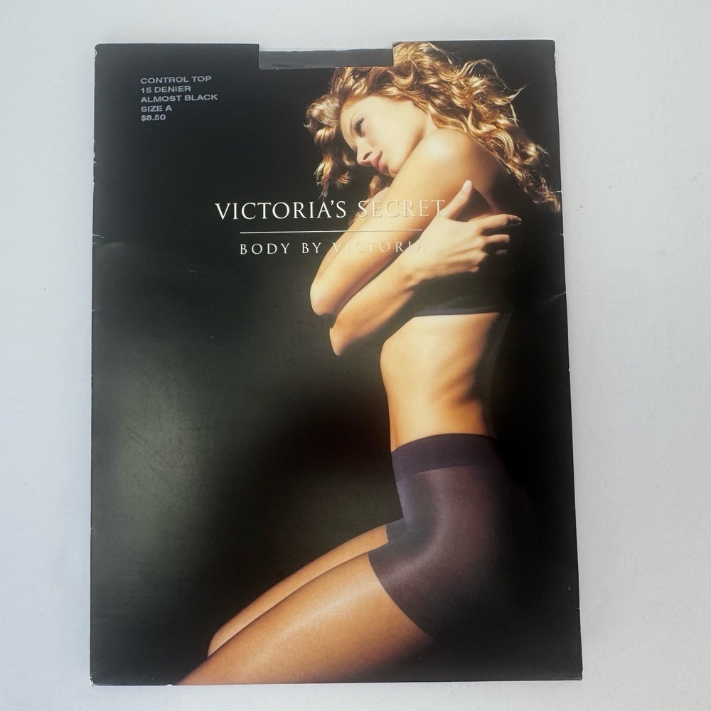 NEW VTG Victorias Secret Body By‎ Almost Black Control Top Pantyhose Tights Sz A